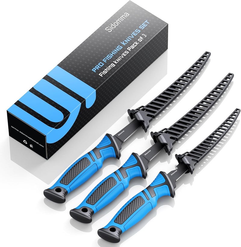 Sidomma Fillet Knife and Bait Knife Set Performance 5"-6"-7" G4116 German Flex Razor Sharp Stainless-Steel Blade with Sheath for Filleting and Boning, Pro Fishing Gear and Equipment Tools, Cool Fishing Gift for Men (Black-Blue) - Image 1